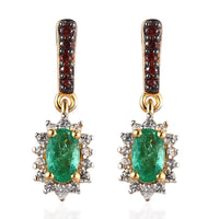 AAA Kagem Zambian Emerald, Brown and White Zircon Halo Earrings in Vermeil Yellow Gold Over Sterling Silver 0.75 ctw