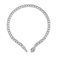 Green Glass and White Austrian Crystal Cable Link Chain with Snake Head & Tail Necklace 22 Inches in Silvertone
