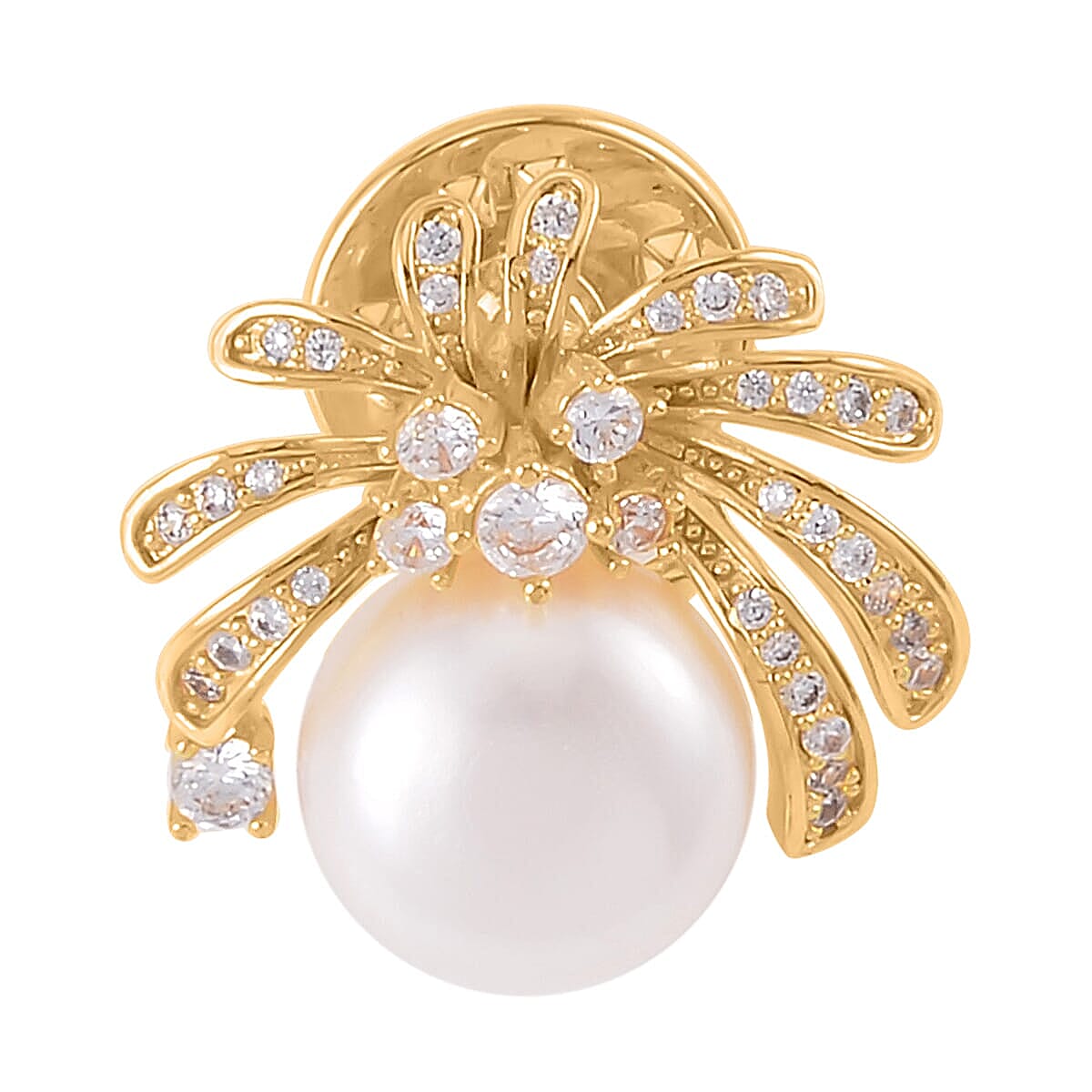 White Freshwater Pearl and Simulated Diamond Eagle Wing Brooch in Goldtone 1.15 ctw