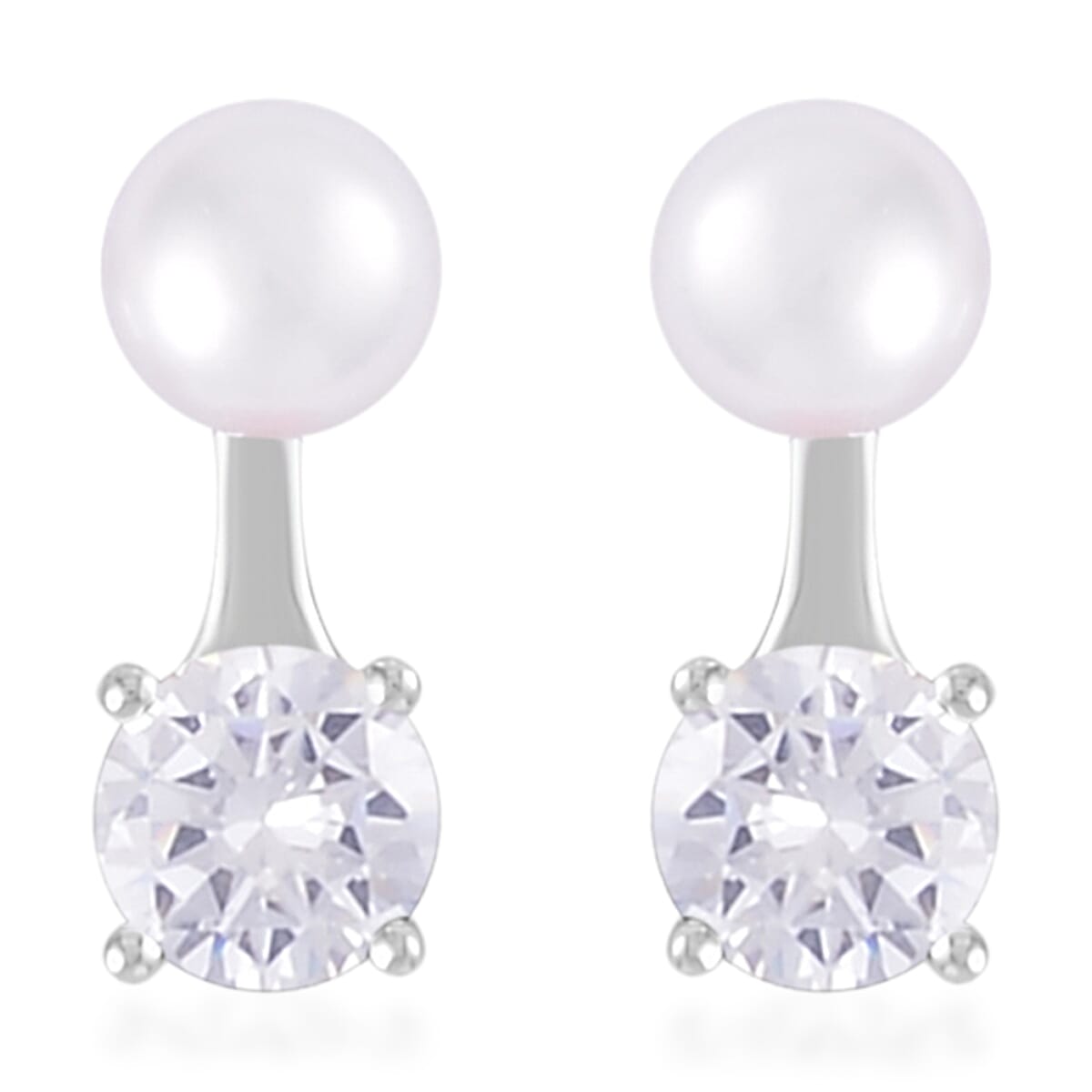 Simulated Diamond and Freshwater Pearl Earrings in Rhodium Over Sterling Silver 1.50 ctw