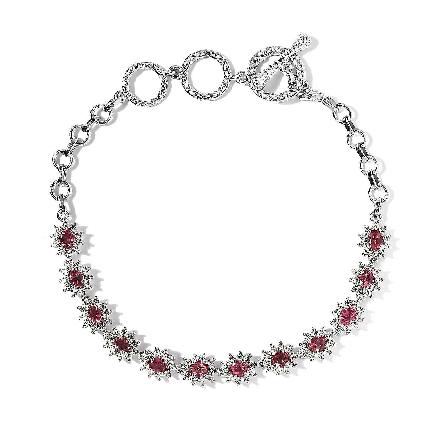 Premium Ouro Fino Rubellite and White Zircon Toggle Clasp Bracelet in Platinum Over Sterling Silver (7.25 In) 3.90 ctw