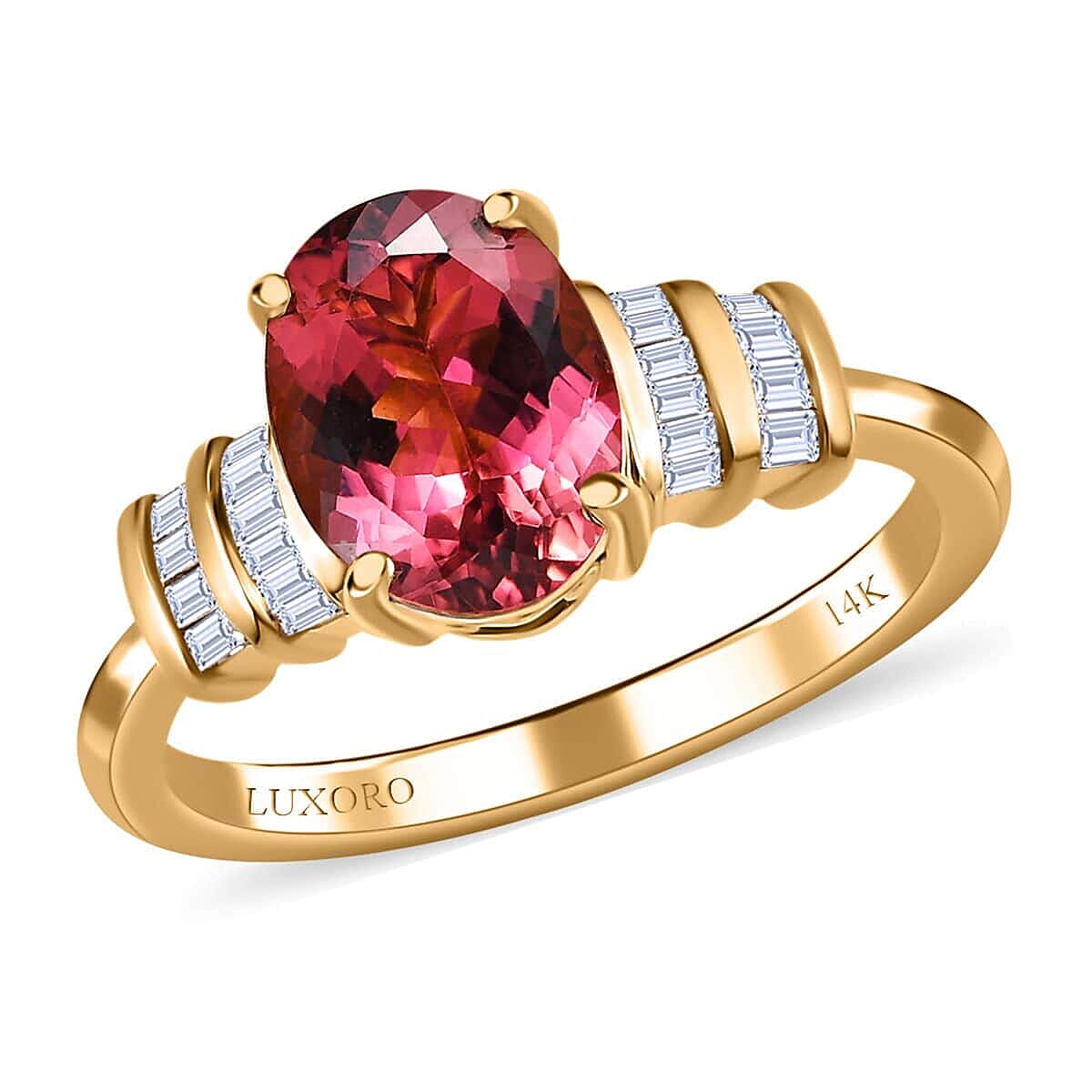 Luxoro 14K Yellow Gold AAA Ouro Fino Rubellite and G-H I3 Diamond Ring 2.30 ctw