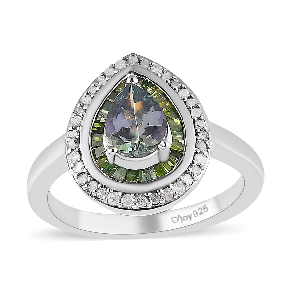 Green Tanzanite, Green and White Diamond Double Halo Ring in Platinum Over Sterling Silver (Size 10.0) 1.25 ctw