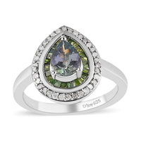 Green Tanzanite, Green and White Diamond Double Halo Ring in Platinum Over Sterling Silver (Size 10.0) 1.25 ctw