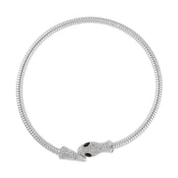 Black Glass and White Austrian Crystal Snake Link Chain Necklace 16 Inches in Silvertone