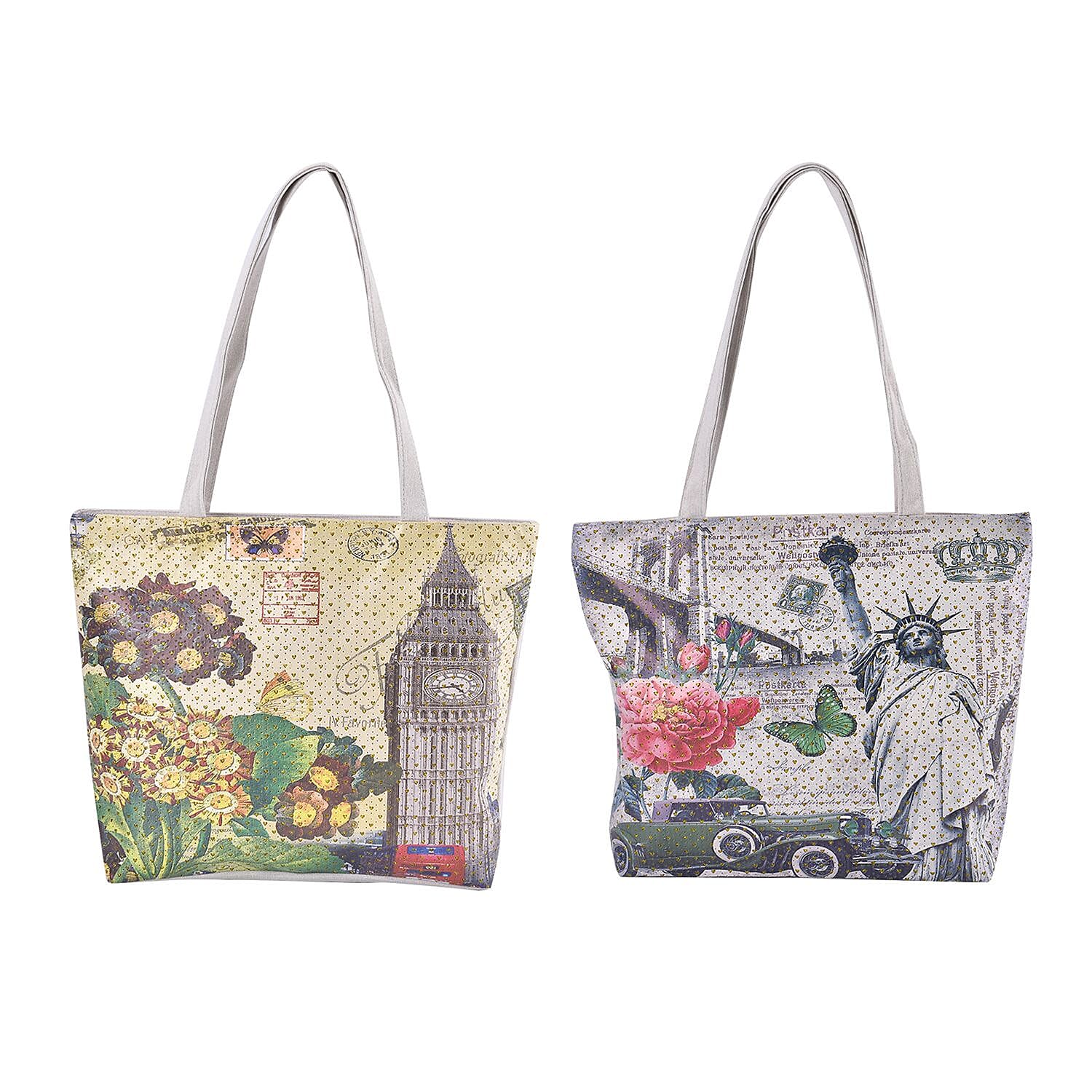 Set of 2 Tote Bag in Light Yellow Color London Big Ben and Flower Pattern with White Color The Statue of Libe Car and Flower Pattern - (16"x13"x3")
