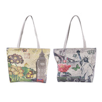 Set of 2 Tote Bag in Light Yellow Color London Big Ben and Flower Pattern with White Color The Statue of Libe Car and Flower Pattern - (16"x13"x3")