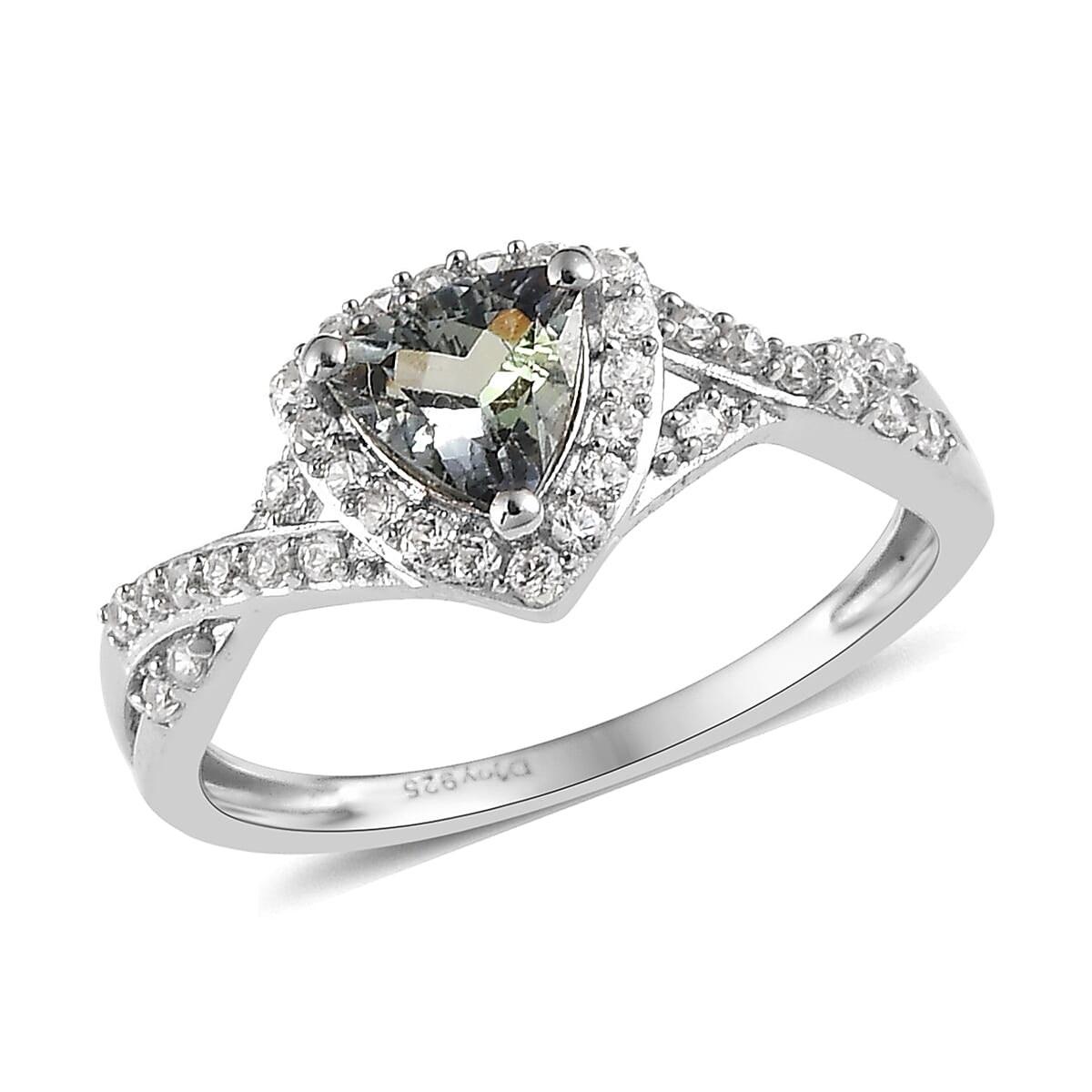 Green Tanzanite, White Zircon Ring in Platinum Over Sterling Silver (Size 6.0) 1.00 ctw