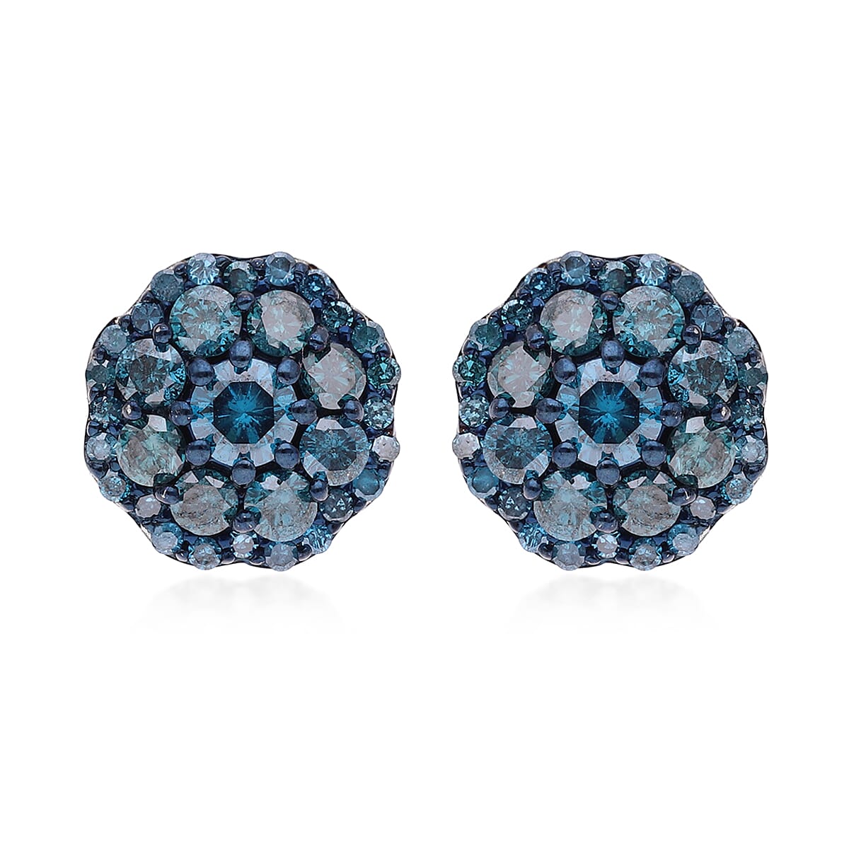 Blue Diamond Floral Stud Earrings in Platinum Over Sterling Silver 1.00 ctw