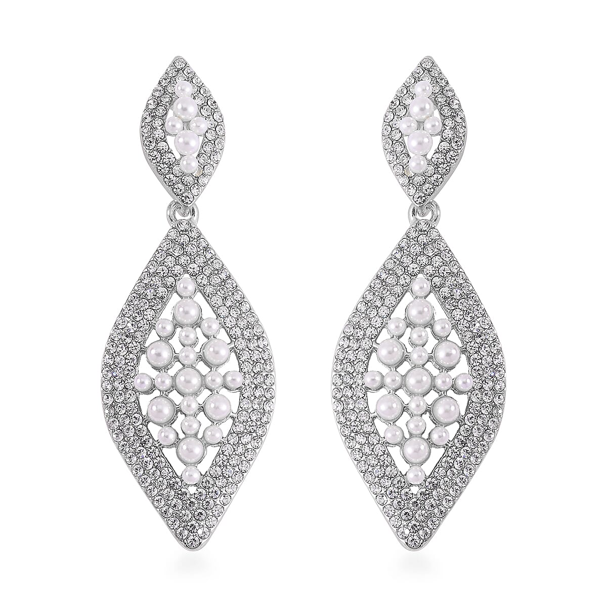 Simulated Pearl, Austrian Crystal Earrings in Silvertone
