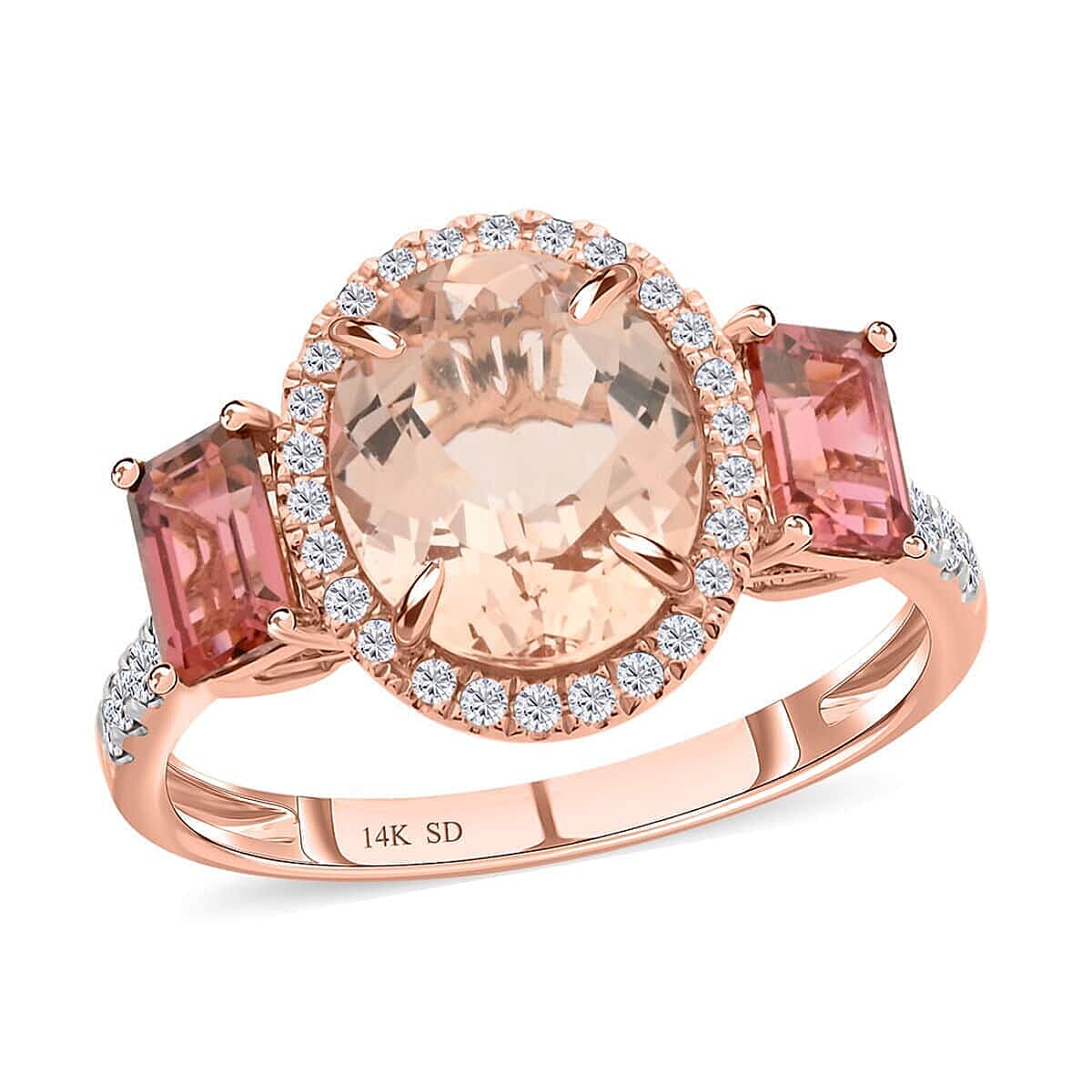 14K Rose Gold Marropino Morganite, Pink Tourmaline, Natural Pink and White Diamond Ring 4.50 ctw (Del. in 15-20 Days)
