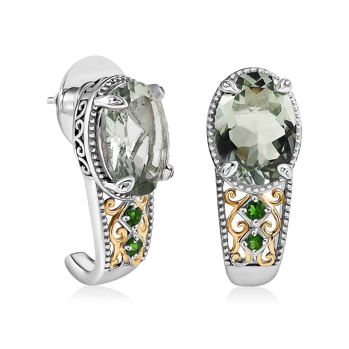 Montezuma Prasiolite and Chrome Diopside J-Hoop Earrings in Vermeil YG and Platinum Over Sterling Silver 10.90 ctw