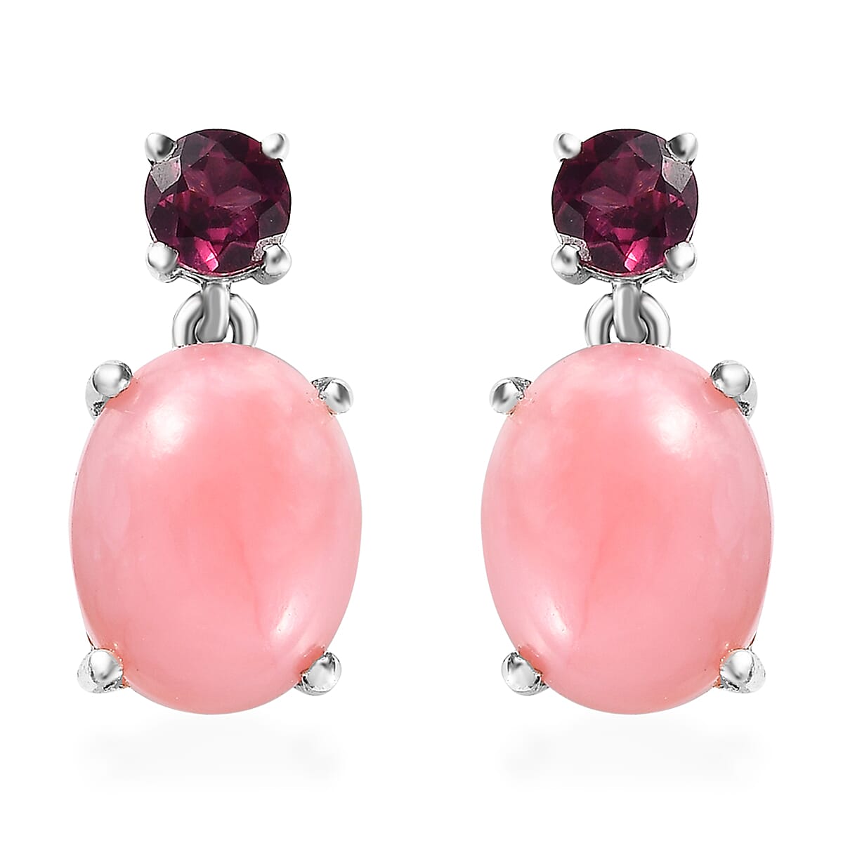 Premium Peruvian Pink Opal and Orissa Rhodolite Garnet Drop Earrings in Platinum Over Sterling Silver 5.00 ctw