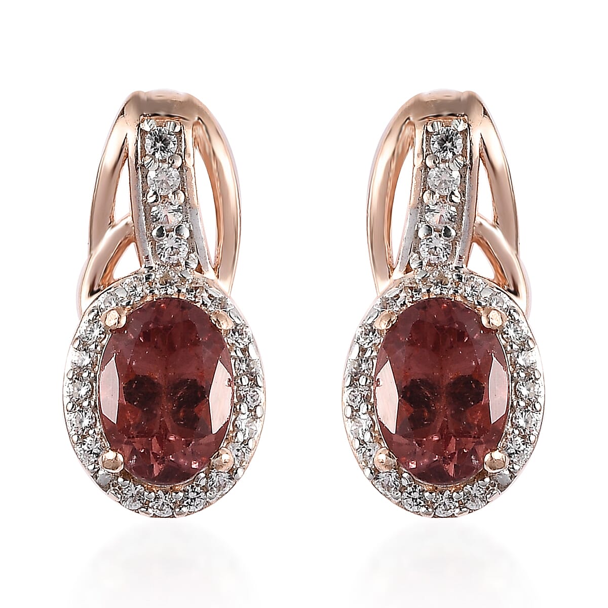 Red Rose Apatite and White Zircon Omega Clip Earrings in Vermeil Rose Gold Over Sterling Silver 2.00 ctw
