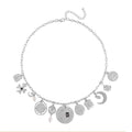 Freshwater Cultured Pearl and Multi Gemstone Celestial Charm Necklace 20-22 Inches in Silvertone - Sticky add to cart bar
