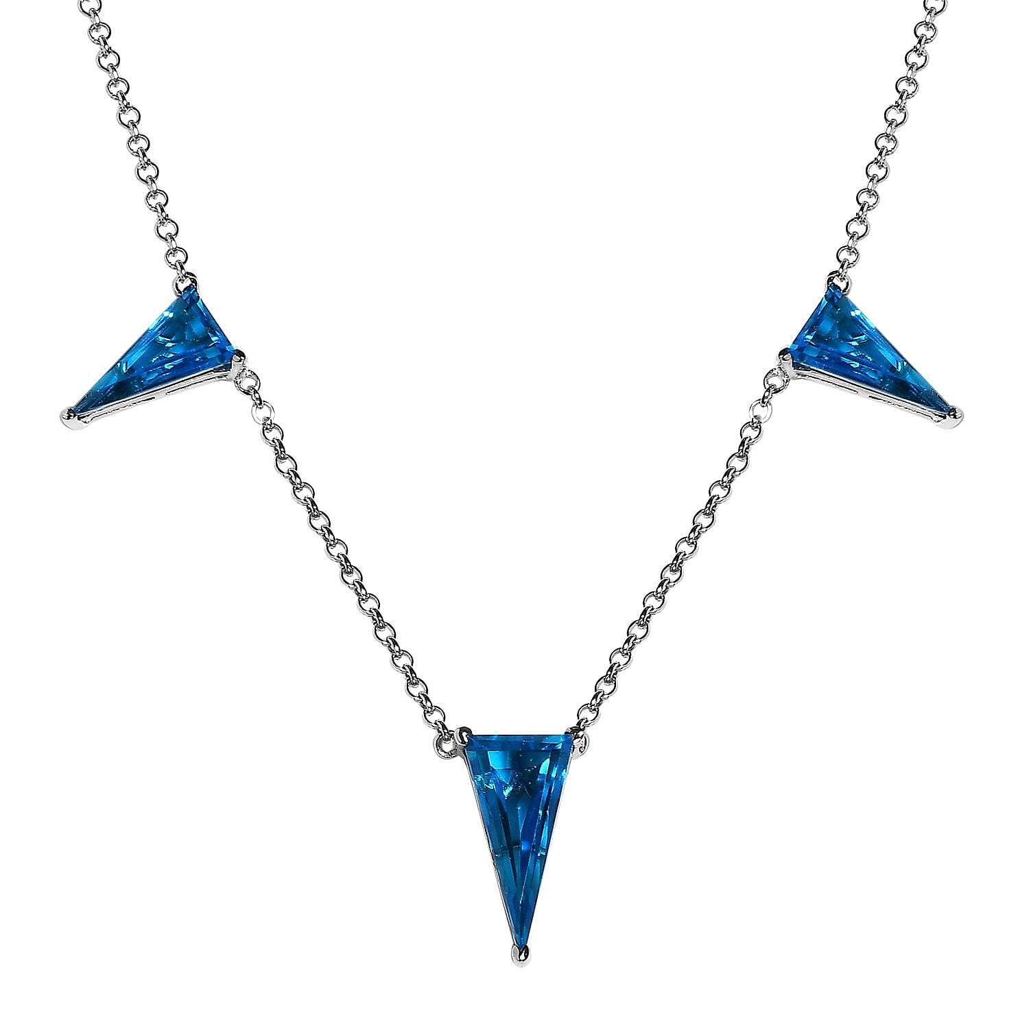 Caribbean Quartz (Triplet) Triangle Shape Station Necklace 18 Inches in Platinum Over Sterling Silver 14.25 ctw (Del. in 7-10 Days)