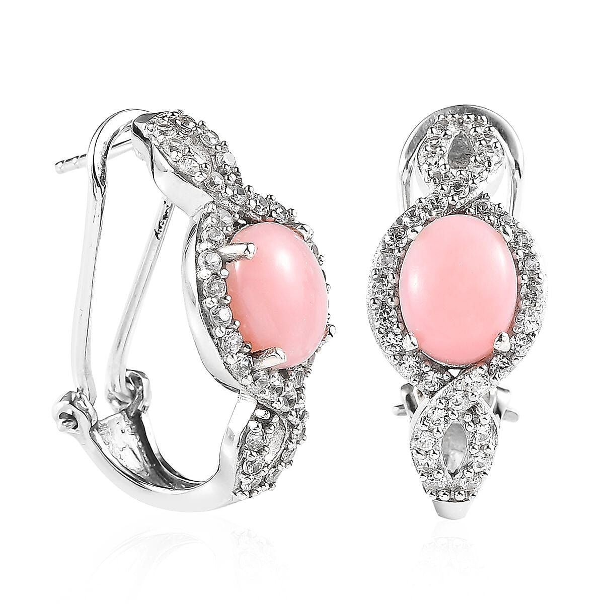D'Joy Premium Peruvian Pink Opal and White Zircon Omega Clip Earrings in Platinum Over Sterling Silver 4.50 ctw