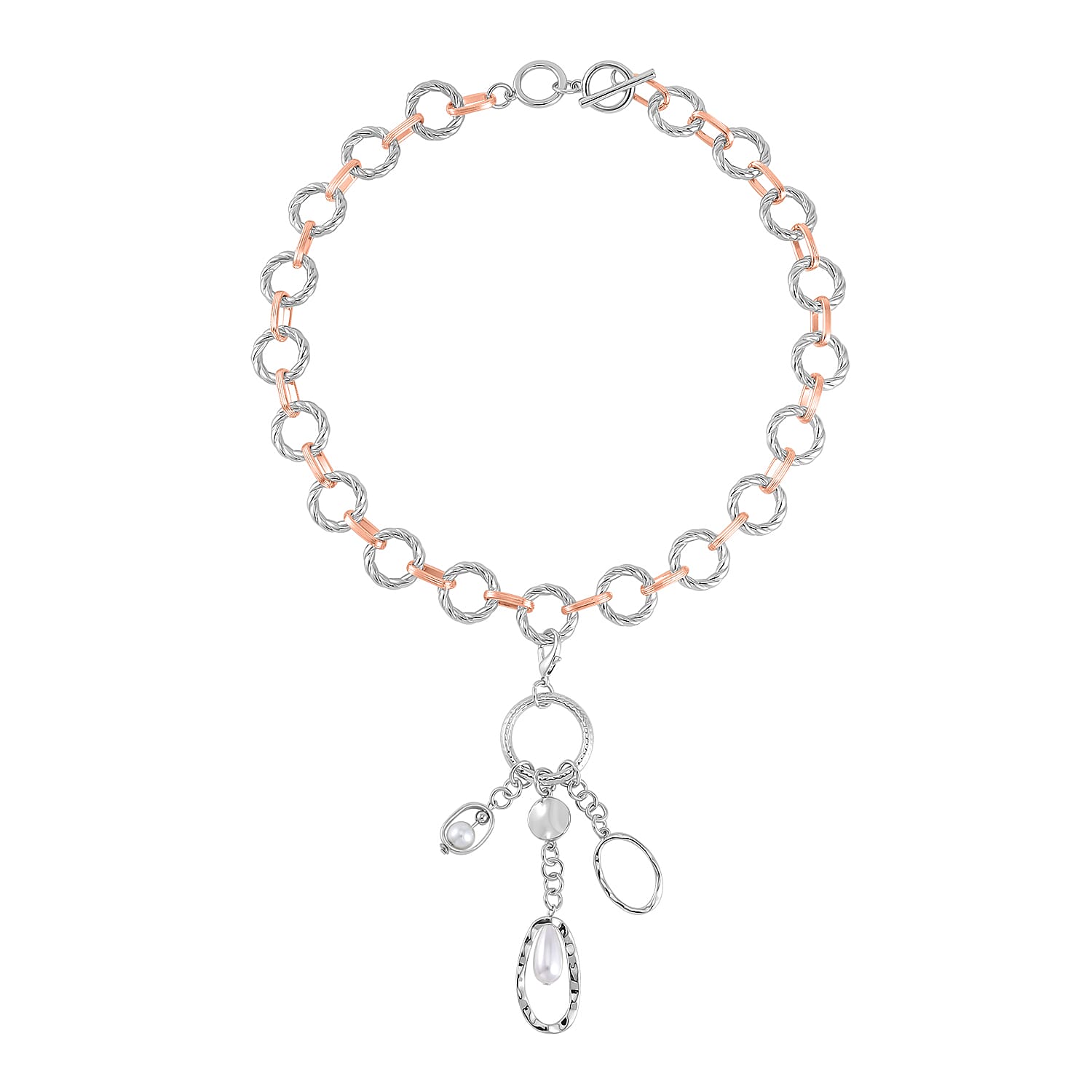 Simulated Pearl Cable Chain Necklace 24-25 Inches with Charm in Silvertone and Rosetone