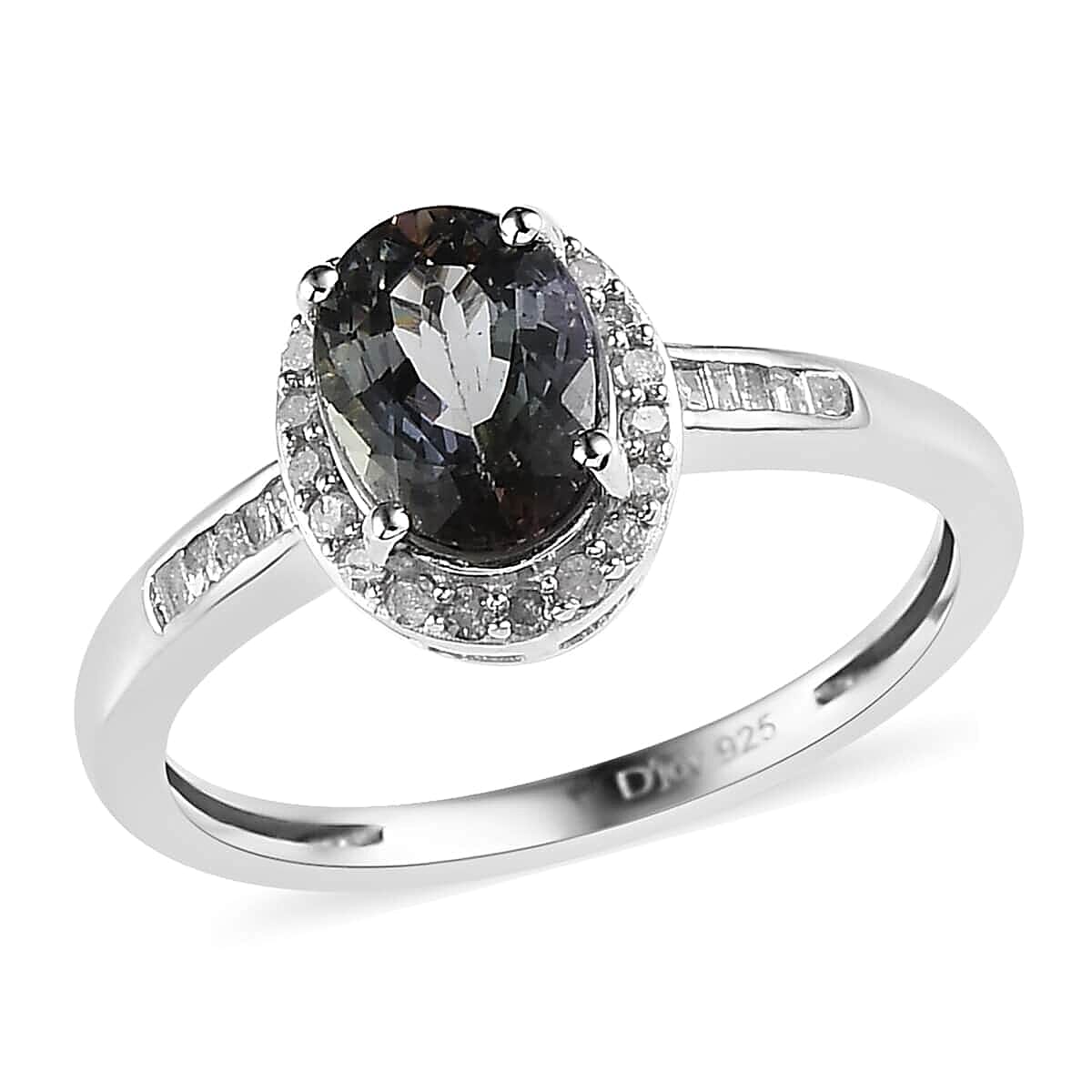 Green Tanzanite and Diamond Halo Ring in Platinum Over Sterling Silver 1.40 ctw