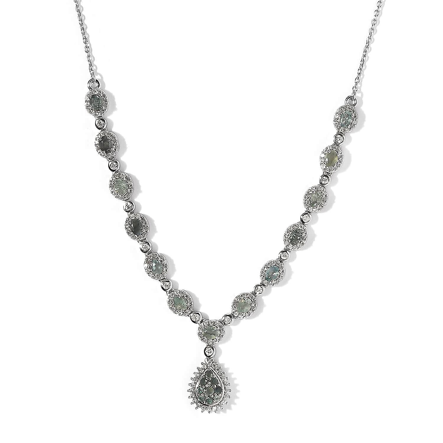 Narsipatnam Alexandrite and White Zircon Halo Drop Necklace 18 Inches in Platinum Over Sterling Silver 4.85 ctw