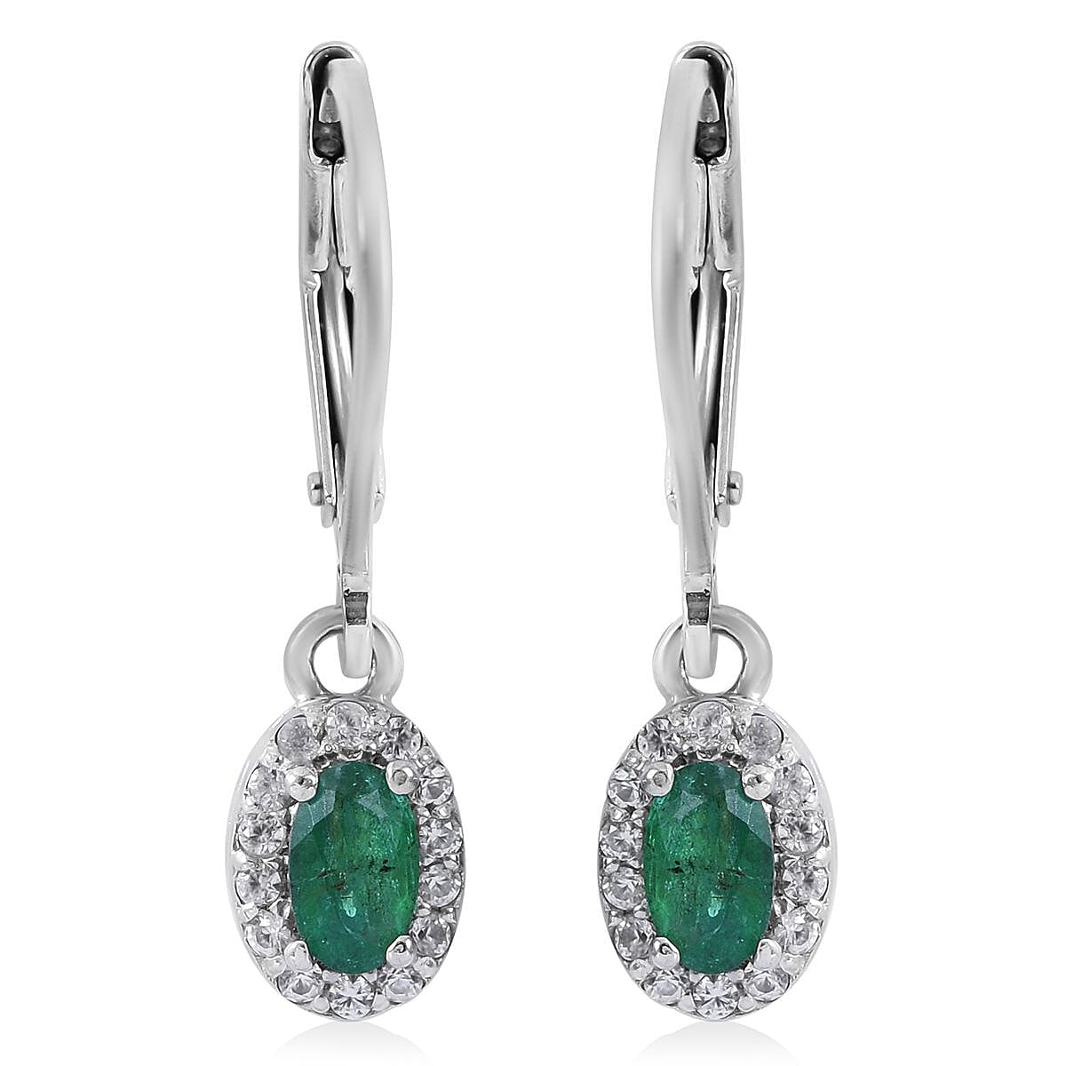 AAA Kagem Zambian Emerald and White Zircon Lever Back Earrings in Platinum Over Sterling Silver 0.75 ctw