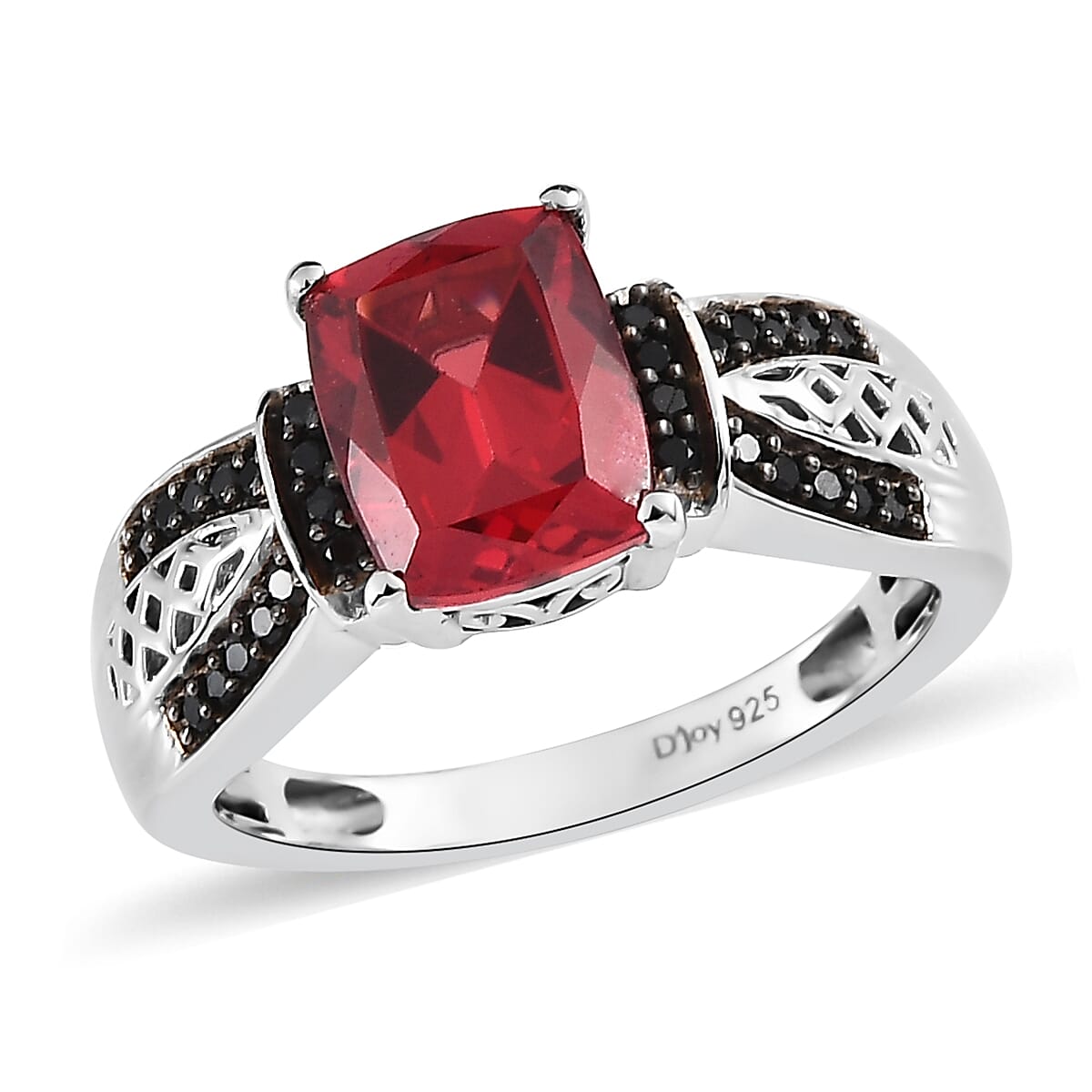 Lab Created Padparadscha Sapphire and Thai Black Spinel Ring in Platinum Over Sterling Silver 3.40 ctw