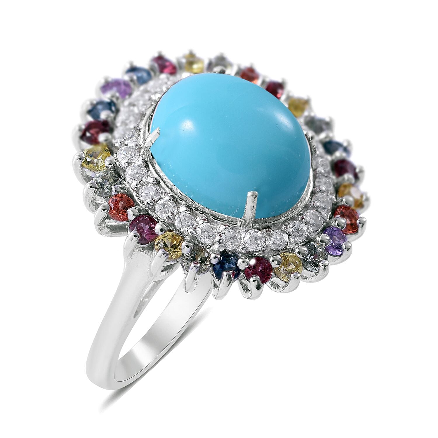 Premium Sleeping Beauty Turquoise and Multi Gemstone Double Halo Ring in Platinum Over Sterling Silver (Size 10.0) 5.40 ctw