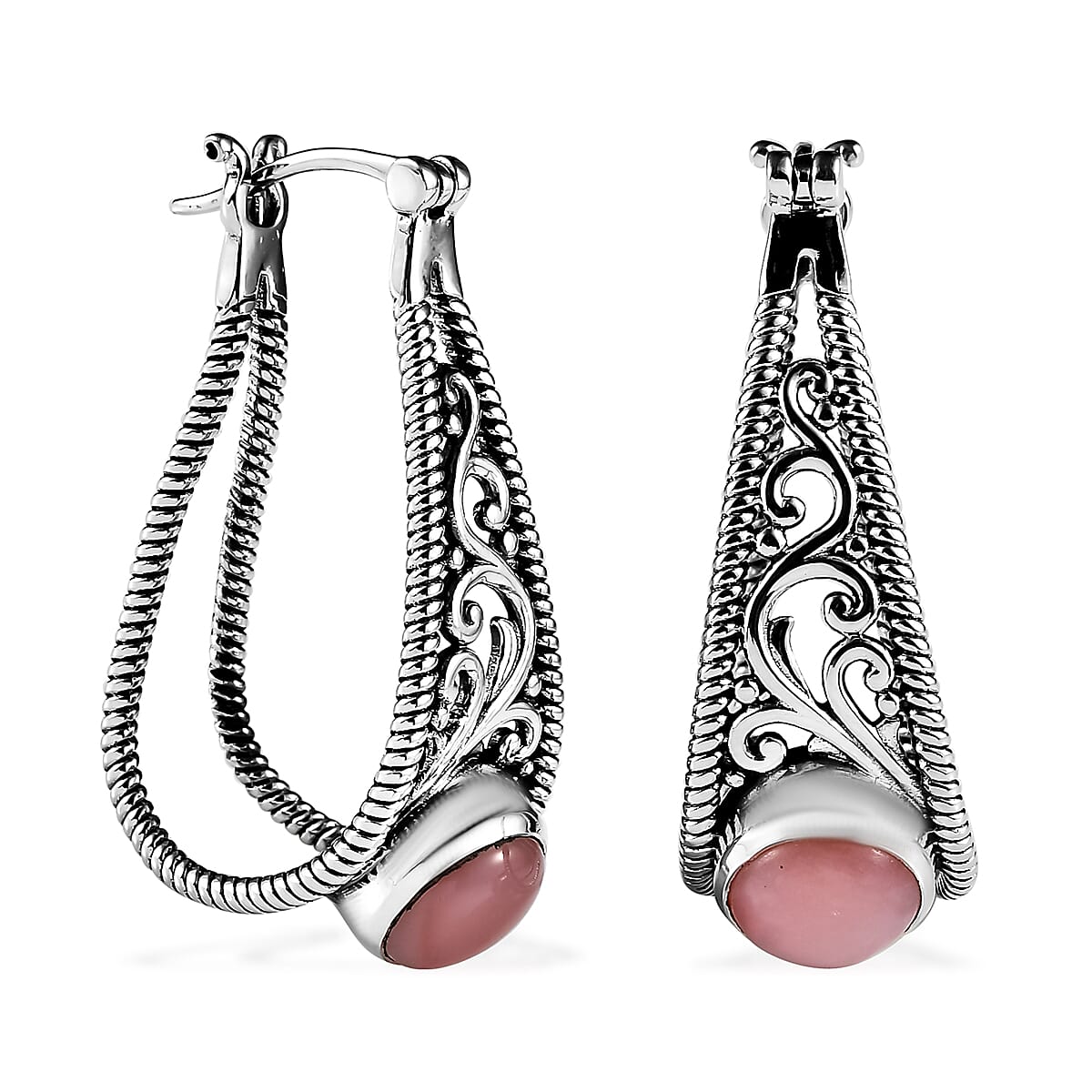 Artisan Crafted Premium Peruvian Pink Opal Omega Clip Earrings in Sterling Silver 3.65 ctw