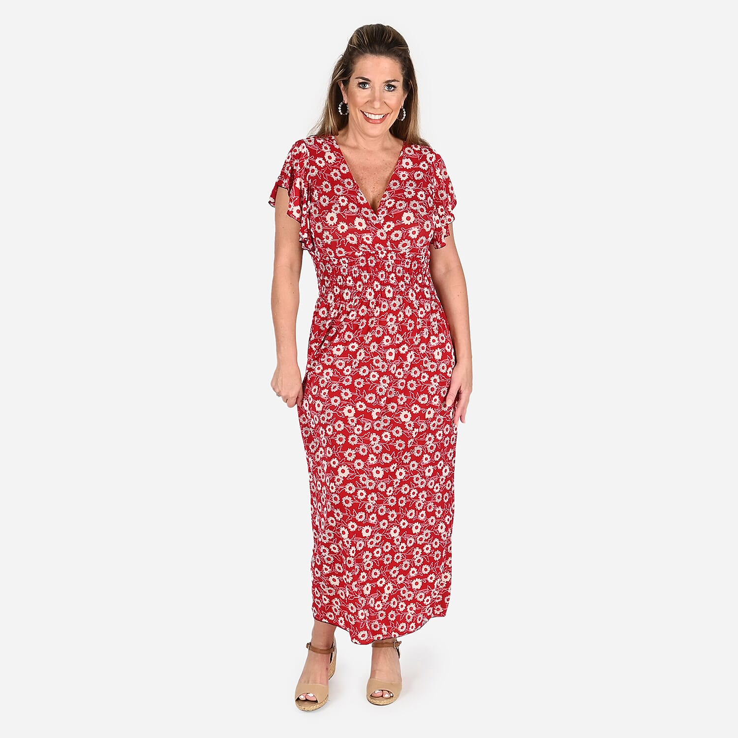 JOVIE Black Floral Smocked Waist Maxi Dress with Flutter Sleeve (13.7"x49")