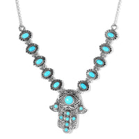 Artisan Crafted Sleeping Beauty Turquoise Hamsa Necklace 18 Inches in Sterling Silver 6.75 ctw