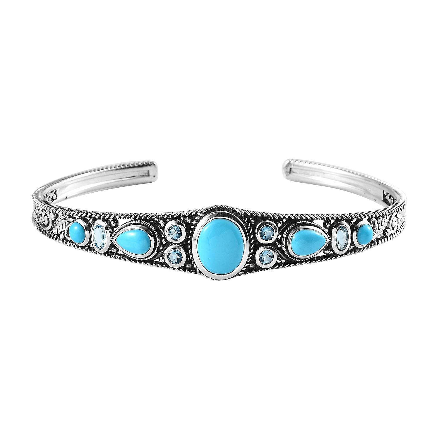 Sleeping Beauty Turquoise and Blue Topaz Cuff Bracelet in Sterling Silver (7.25 In) 6.00 ctw