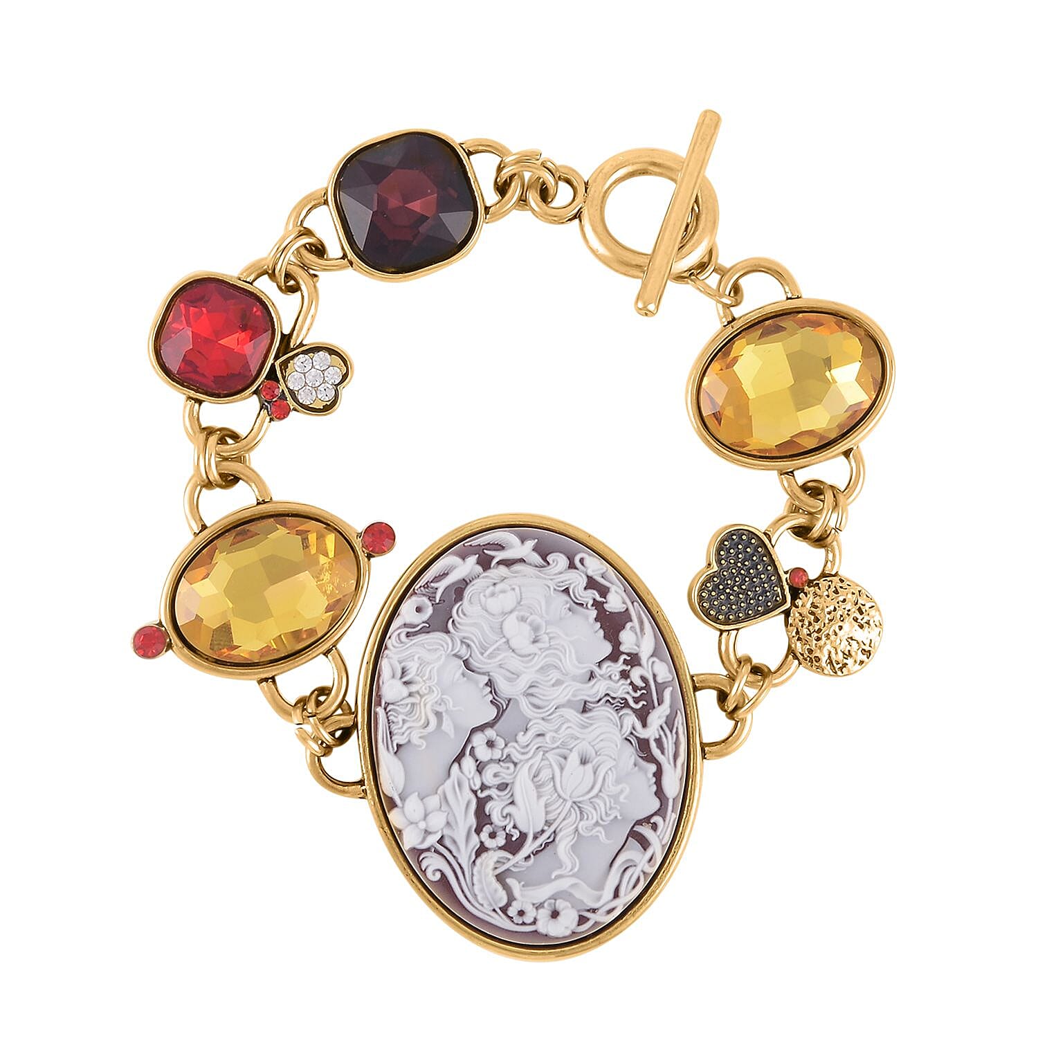 Red Cameo, Multi Glass, White and Red Crystal Bracelet in Goldtone (8.00 In) 5.00 ctw