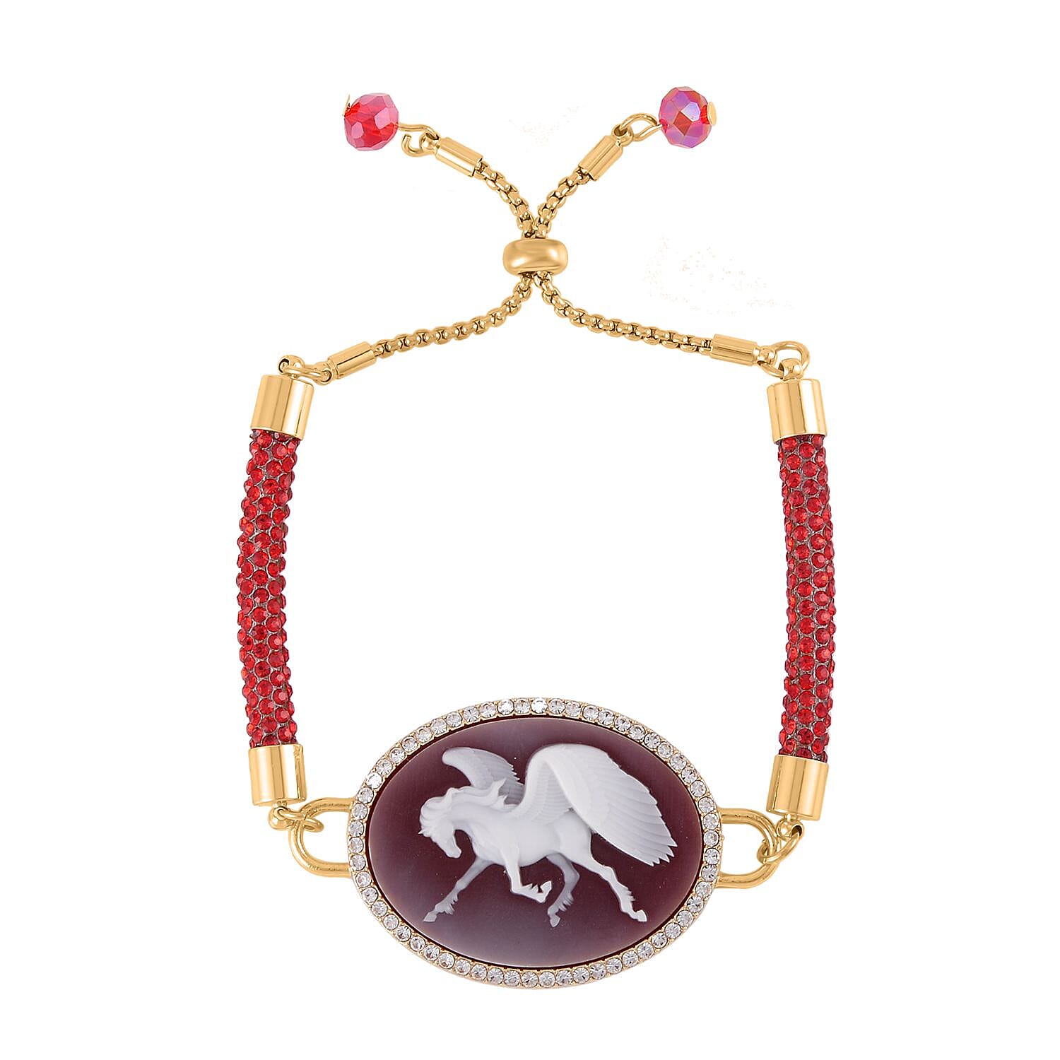 Cameo and Red Austrian Crystal Bracelet in Goldtone (6.5-7.5In) 5.00 ctw
