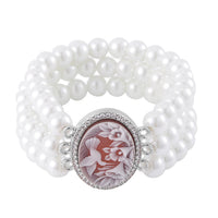 Cameo and White Pearl Glass Bracelet in Silvertone (6.5-7.5In) 5.00 ctw
