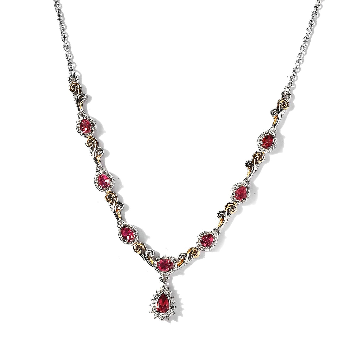 Premium Ouro Fino Rubellite and White Zircon Necklace 18-20 Inches in Vermeil YG and Platinum Over Sterling Silver 1.50 ctw