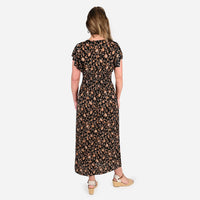 JOVIE Black Floral Smocked Waist Maxi Dress with Flutter Sleeve (13.7"x49")
