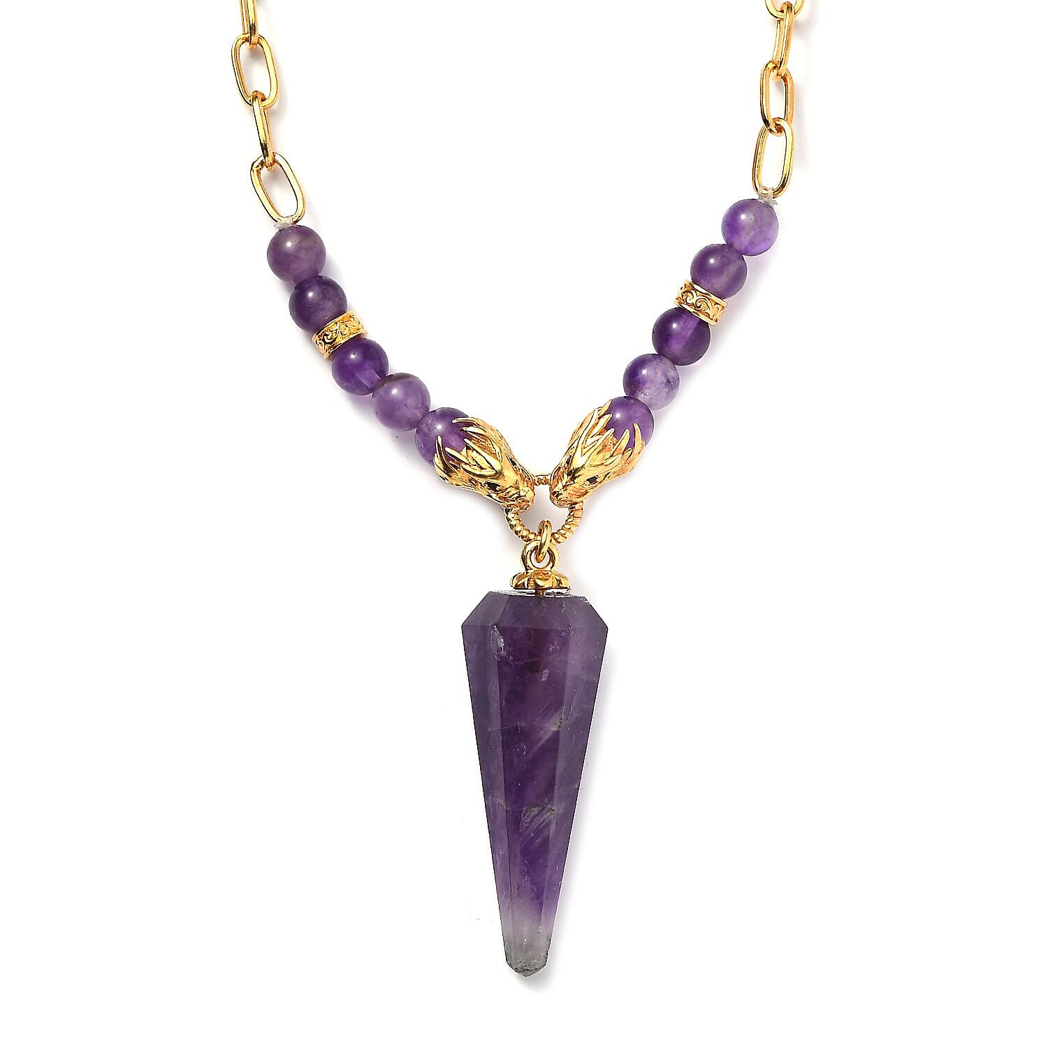 Karis African Amethyst and Thai Black Spinel Paper Clip Chain Dragon Necklace 18 Inches in 18K YG Plated 61.50 ctw