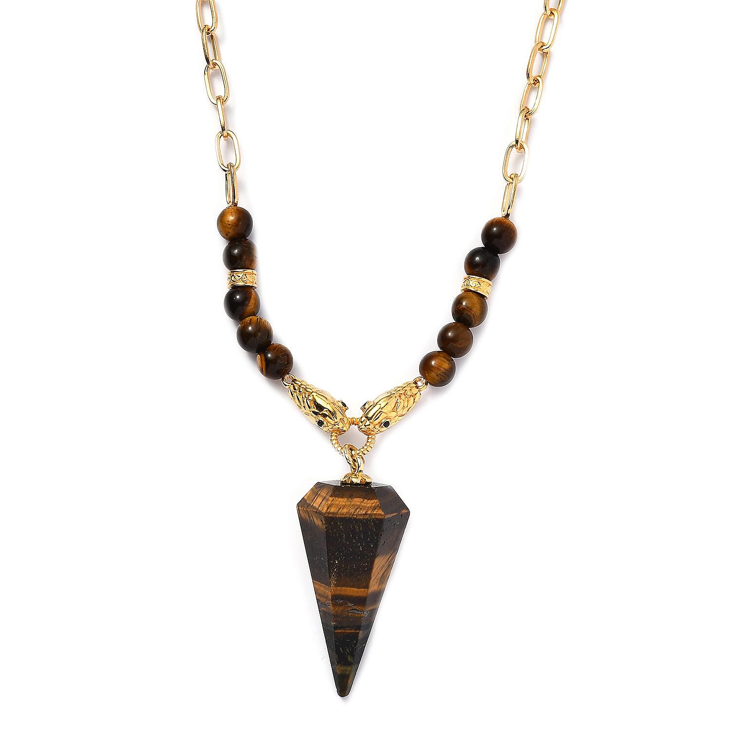Karis Tigers Eye and Thai Black Spinel Paper Clip Chain Snake Necklace 18 Inches in 18K YG Plated 111.75 ctw