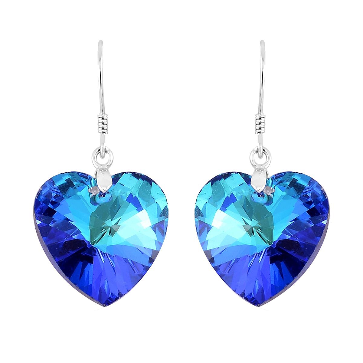 Simulated Blue Sapphire Heart Dangle Earrings in Rhodium Over Sterling Silver