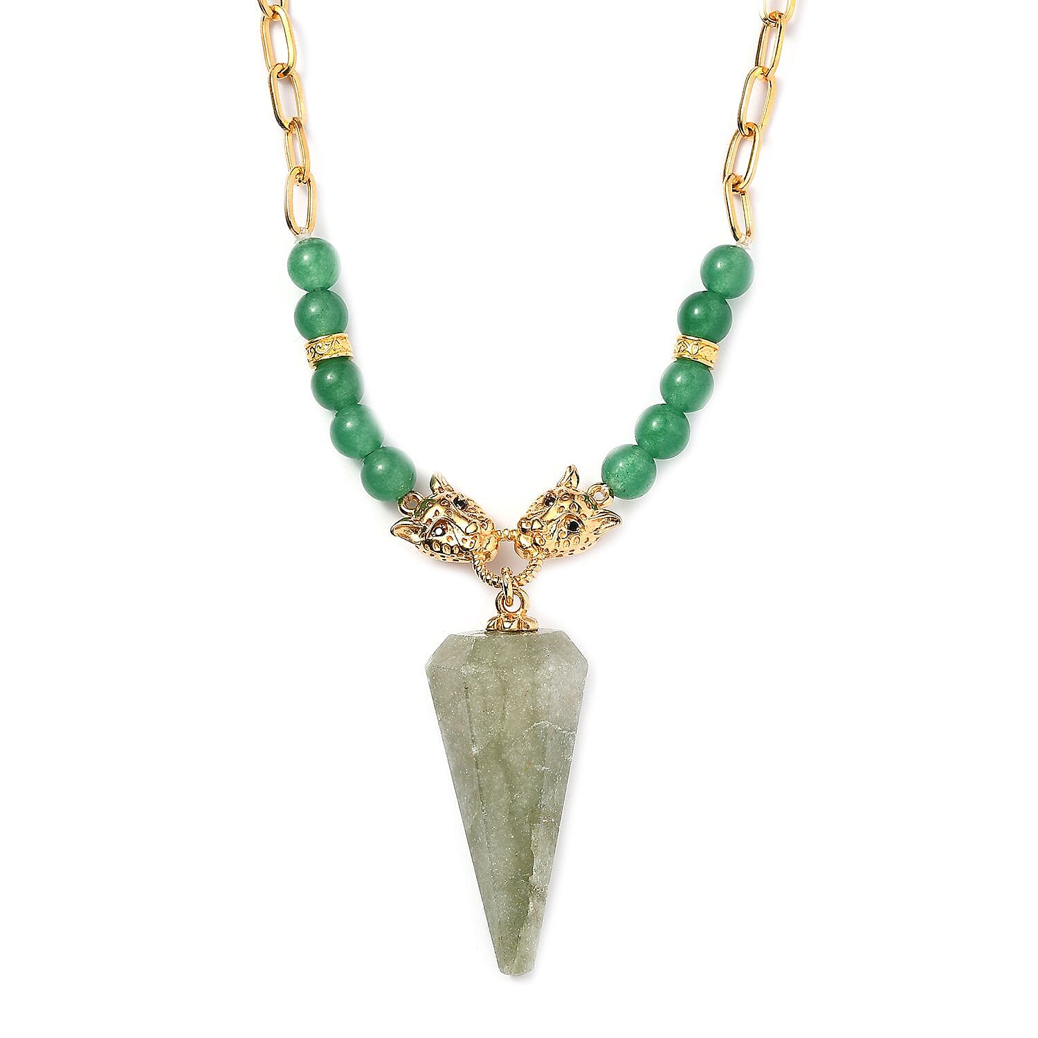 Karis Green Aventurine and Thai Black Spinel Paper Clip Chain Jaguar Necklace 18-20 Inches in 18K YG Plated 72.40 ctw