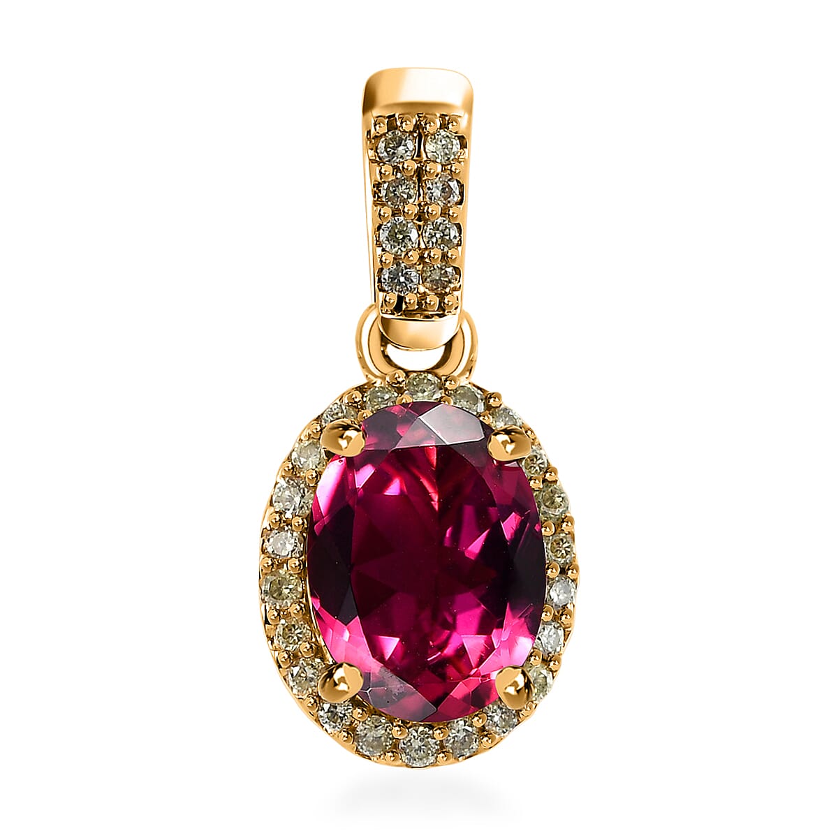 Iliana 18K Yellow Gold AAA Ouro Fino Rubellite and SI Natural Yellow Diamond Halo Pendant 1.60 ctw