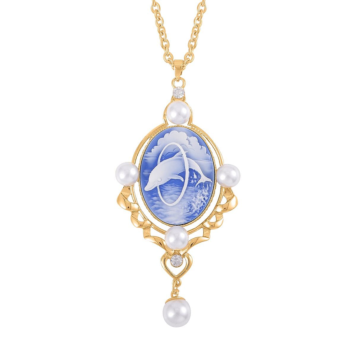 Blue Color Cameo and Multi Gemstone 6.00 ctw Necklace in Goldtone 20.5-22.5 Inches