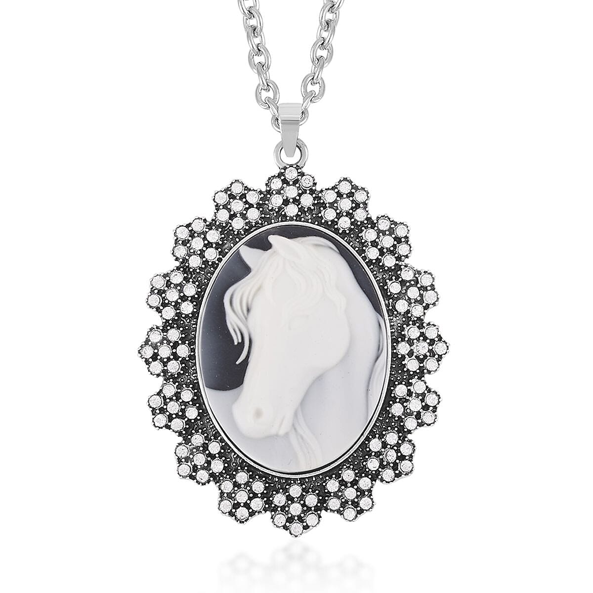 Cameo and White Austrian Crystal Necklace 18-20 Inches in Silvertone 8.00 ctw