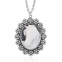 Cameo and White Austrian Crystal Necklace 18-20 Inches in Silvertone 8.00 ctw