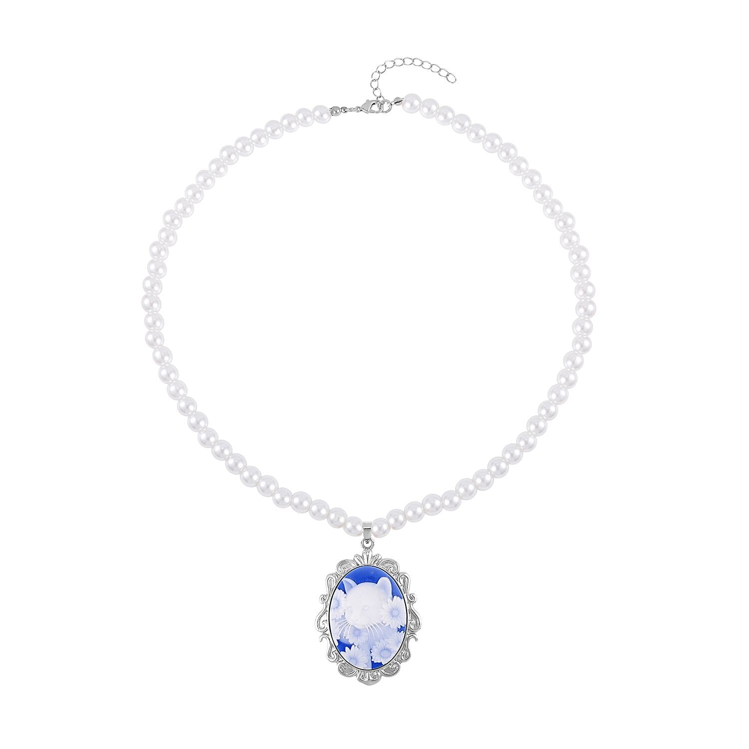 White Shell Pearl and Cameo Necklace 21-23 Inches in Silvertone 8.00 ctw