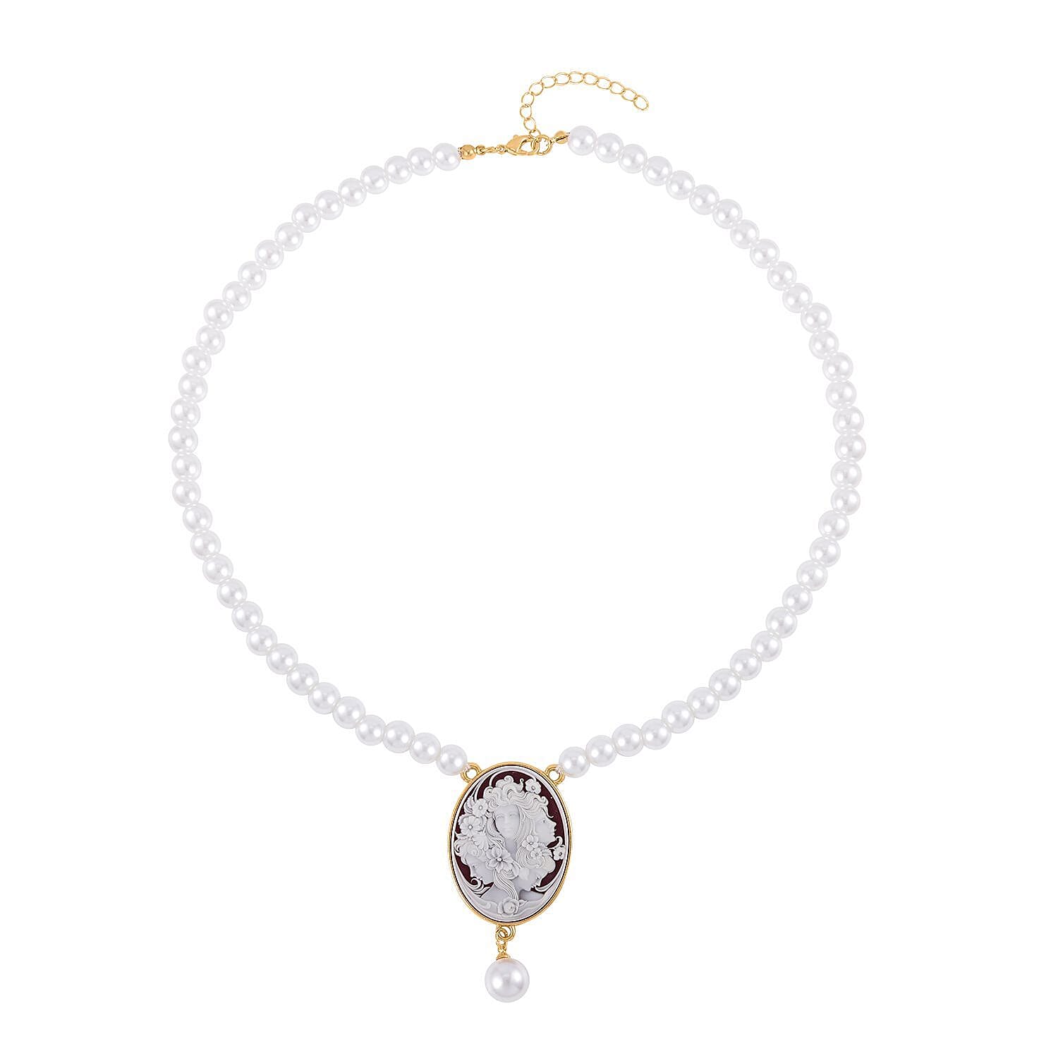 Cameo and White Shell Pearl Necklace 21-23 Inches in Goldtone 8.00 ctw