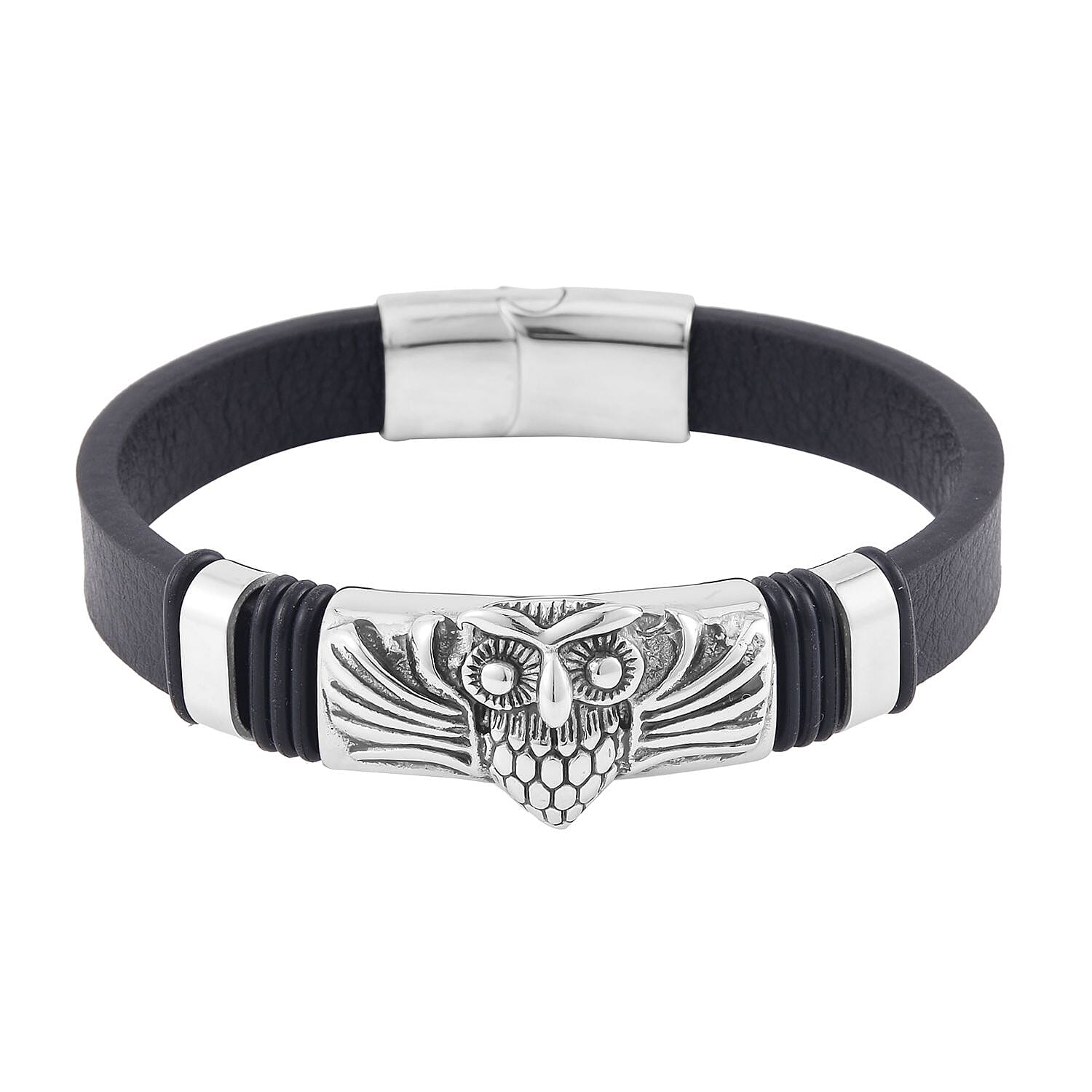 Owl Bracelet in Black Leather Cord and Black Oxidised Stainless Steel (8.50 In)