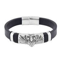 Owl Bracelet in Black Leather Cord and Black Oxidised Stainless Steel (8.50 In)