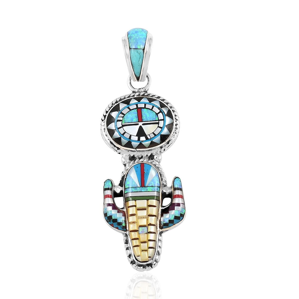 Santa Fe Style Multi Gemstone Saguaro Cactus and Oval Vibrant Pendant in Sterling Silver 27.45 ctw