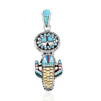 Santa Fe Style Multi Gemstone Saguaro Cactus and Oval Vibrant Pendant in Sterling Silver 27.45 ctw